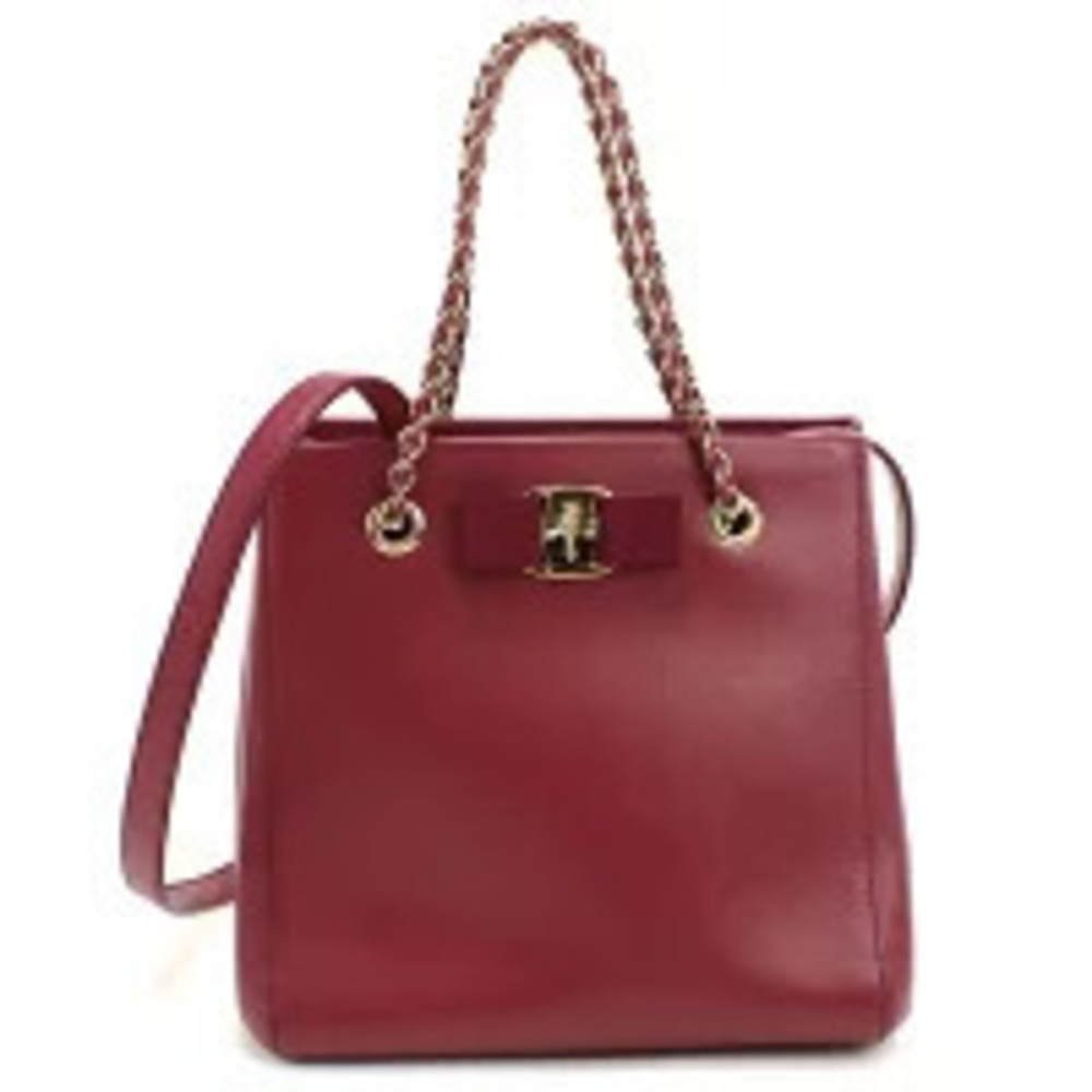 Salvatore Ferragamo Tote Bag Vara Ribbon Chain Wine Red Handbag